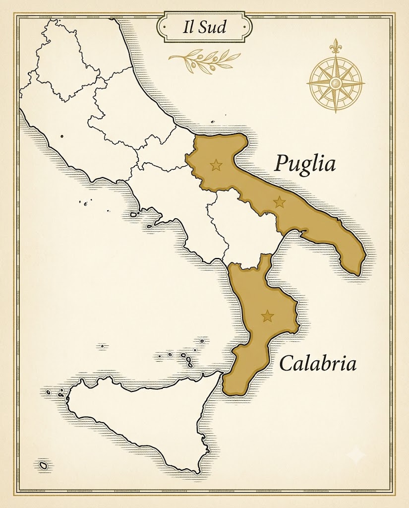 Mapa antiguo grabado del Sur de Italia con Puglia y Calabria resaltadas